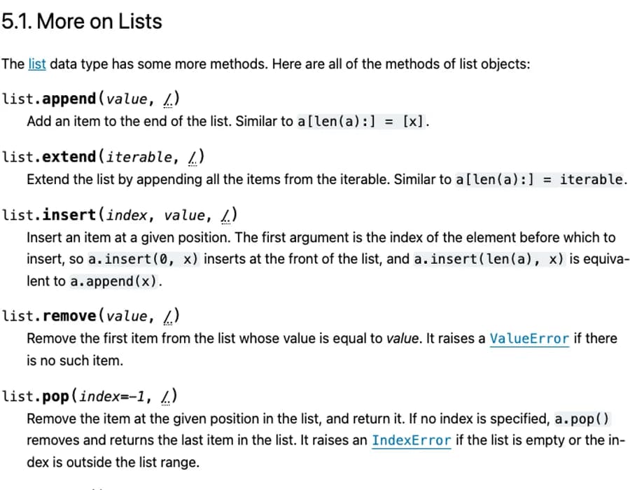 Actual Python documentation showing list methods, including append and extend