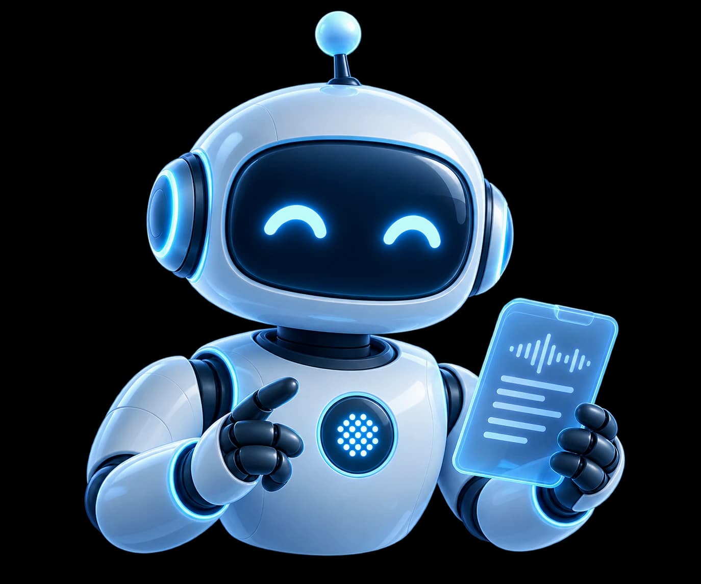 3D illustration of the TensorOps notetaker robot holding a tablet with a waveform and notes