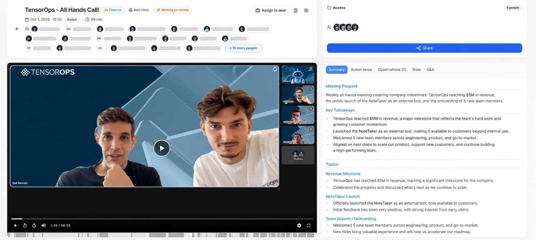 TensorOps Notetaker meeting view with attendee list, access and sharing, recording, and AI summary; tabs include action items, observations and Q&A