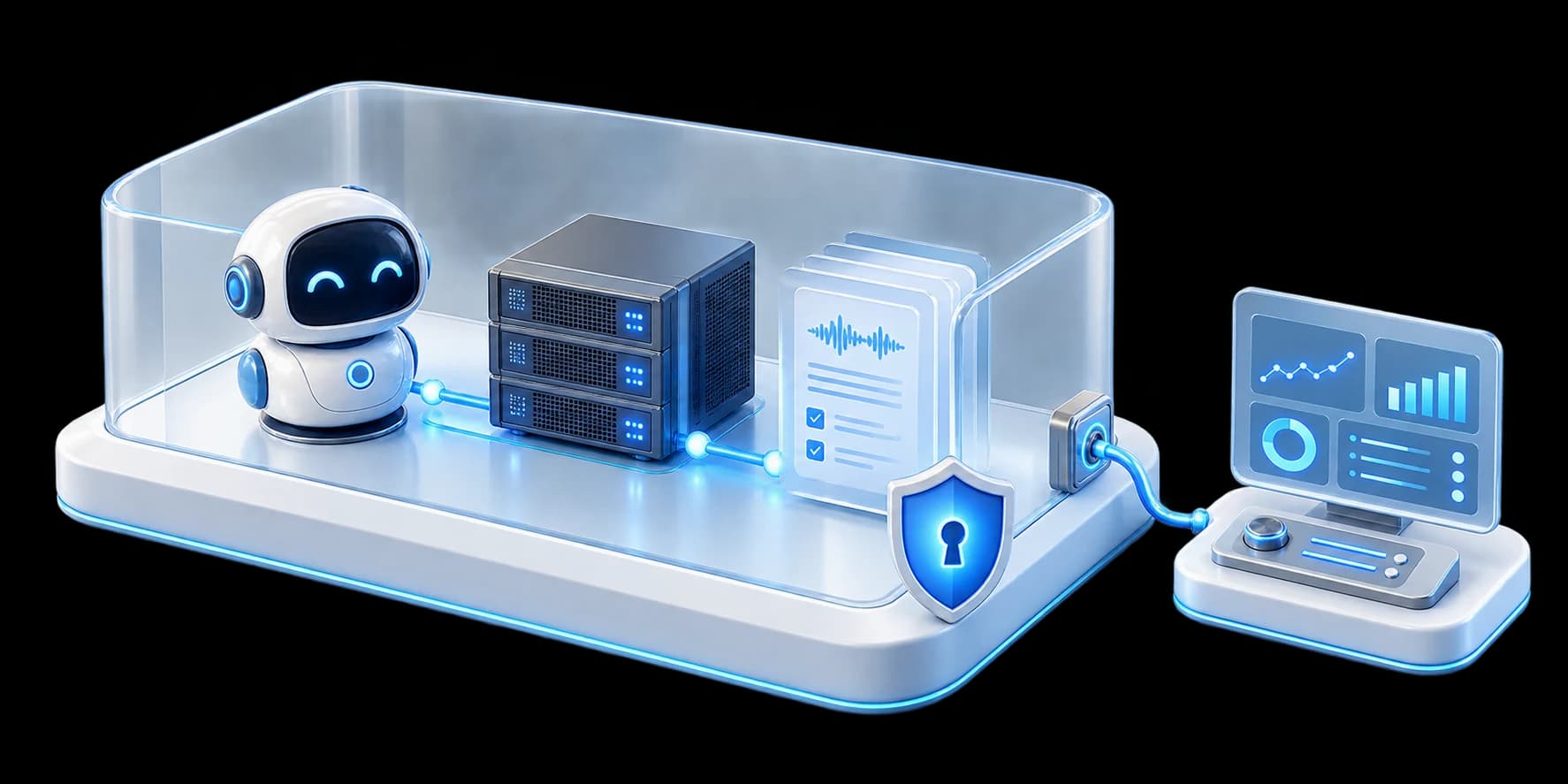 3D concept: a Notetaker robot, server and meeting records inside a protected customer environment, connected through a controlled gateway to a separate management console