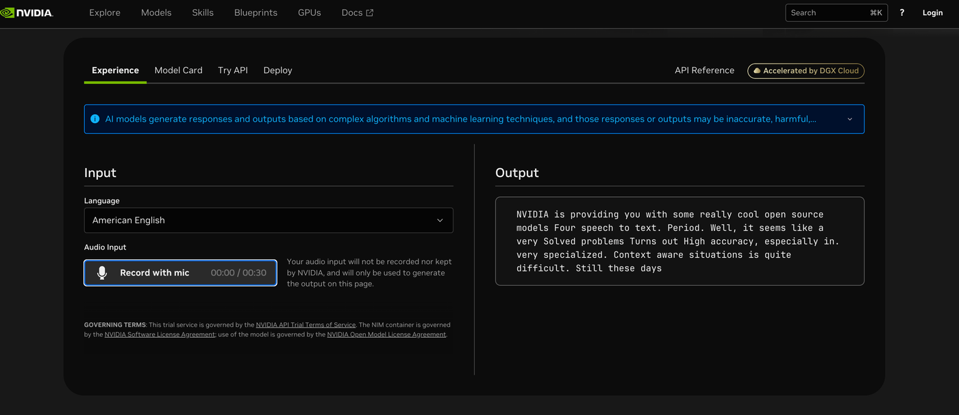 NVIDIA DGX Cloud playground running the Nemotron streaming ASR model on American English audio, with the transcript output showing minor errors such as hearing 'for' as 'Four' and dropped capitalization.